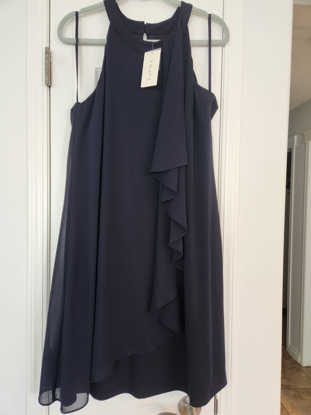 Laura Navy Halter Midi Dress with Cascade Ruffle Size 18